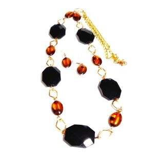 2472NE196. Handmade 2 Piece Amber Black Gold & Copper Necklace